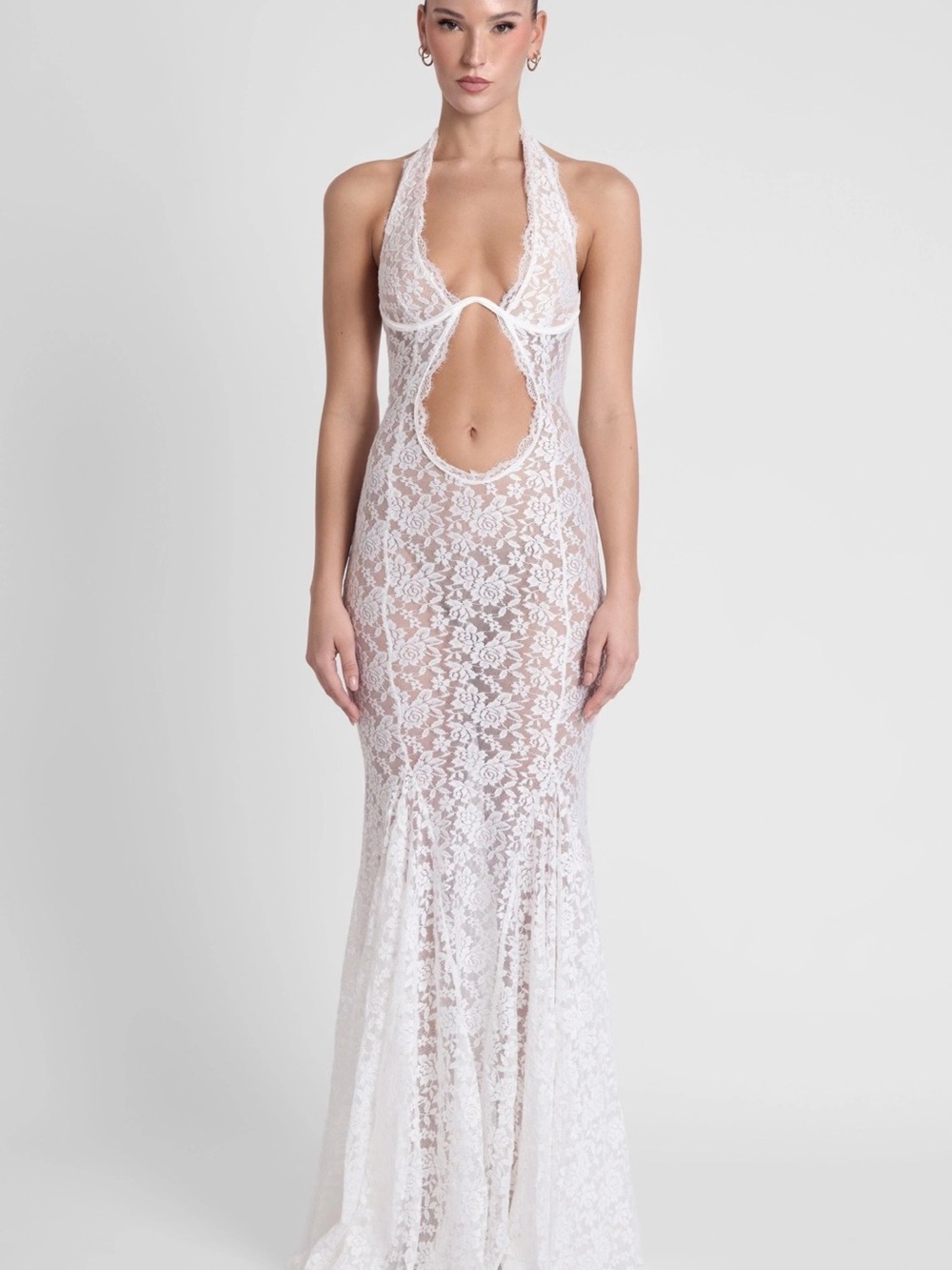 White Sheer Lace Halter Maxi Dress with Cutout